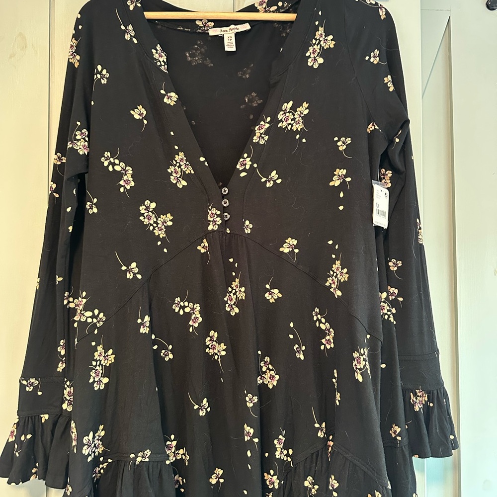 Free People Black Dress with Cream Floral Design